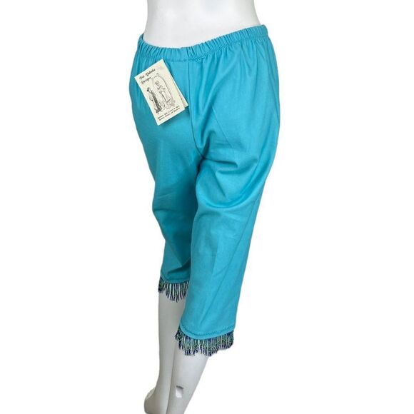 NEW Pat Dahnke Turquoise Blue Capris with Fringed Hem Beading, Size Small - Picture 4 of 10